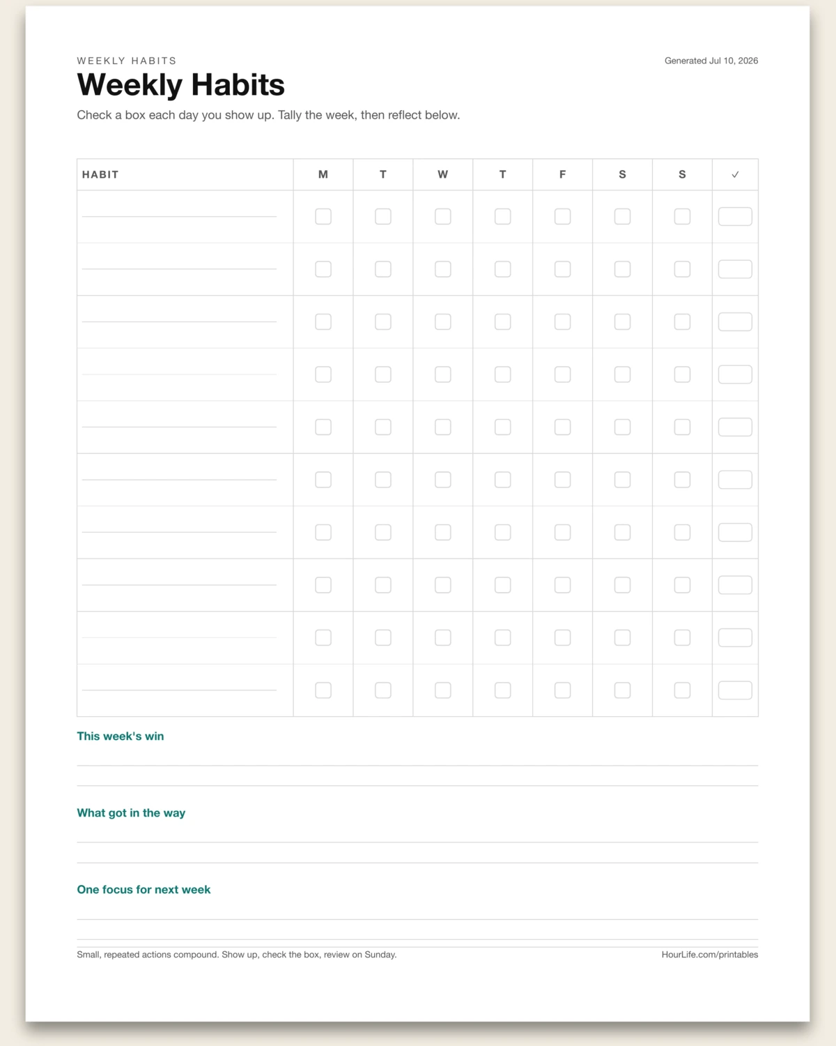Weekly Habits blank layout preview