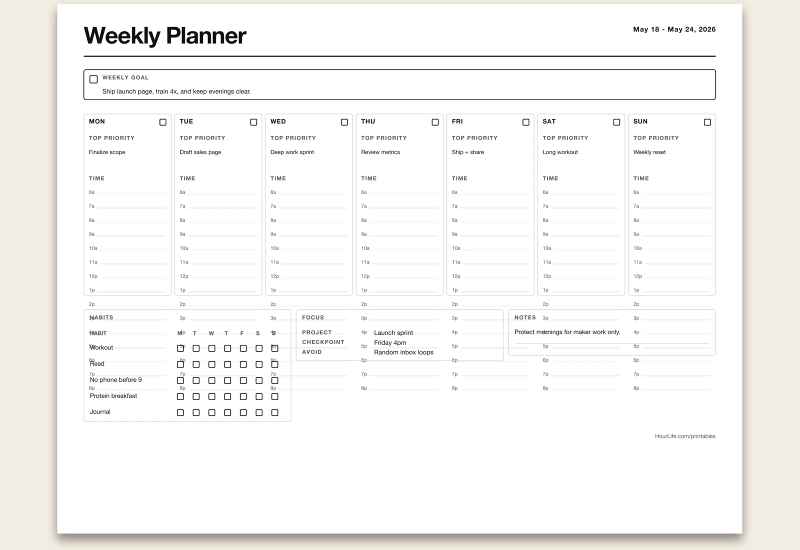 Weekly Planner filled example preview