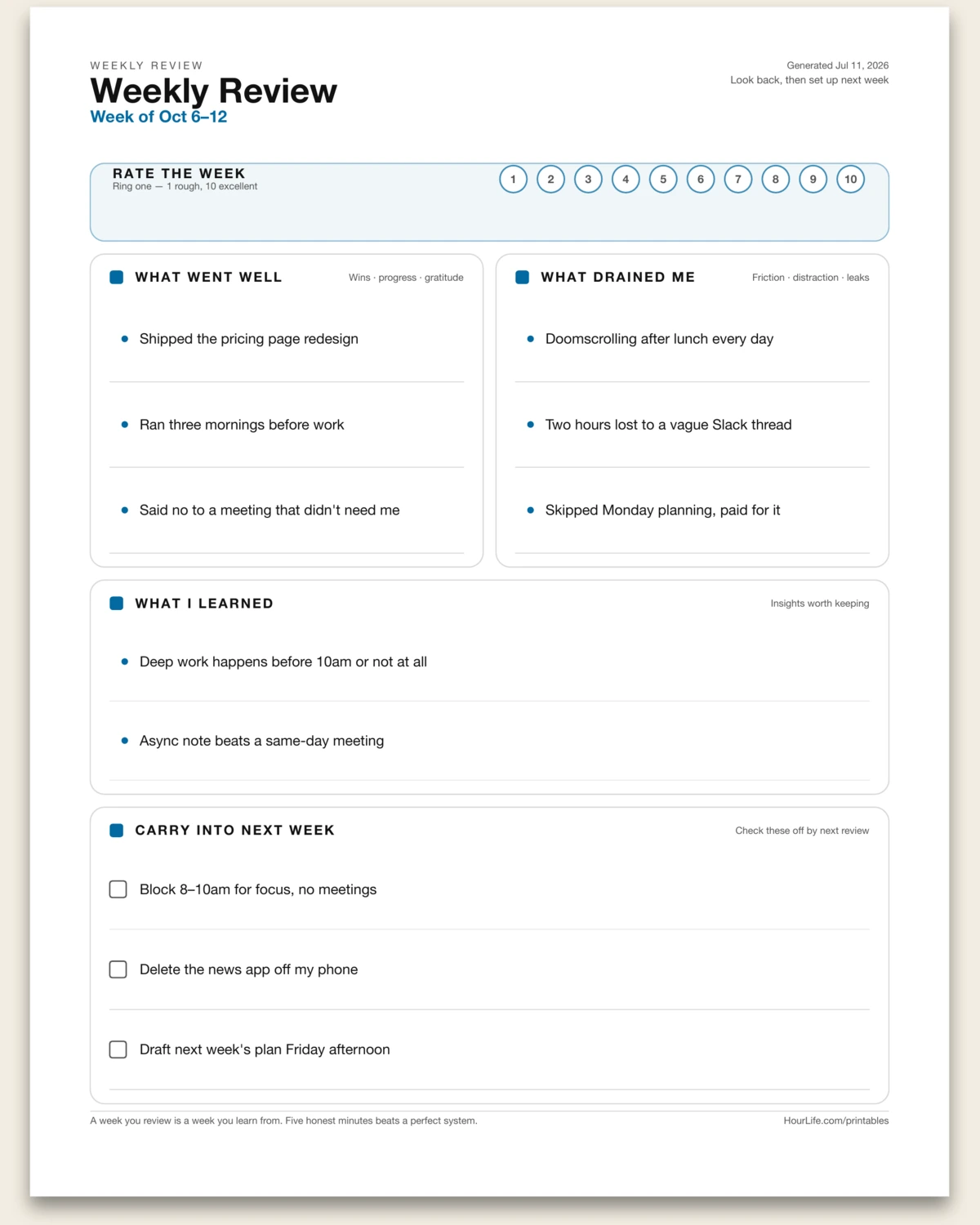 Weekly Review filled example preview