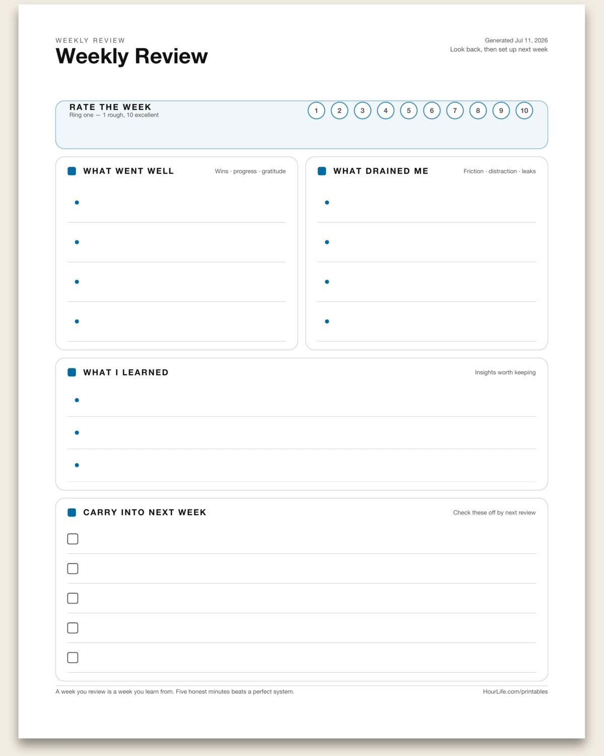 Weekly Review blank layout preview