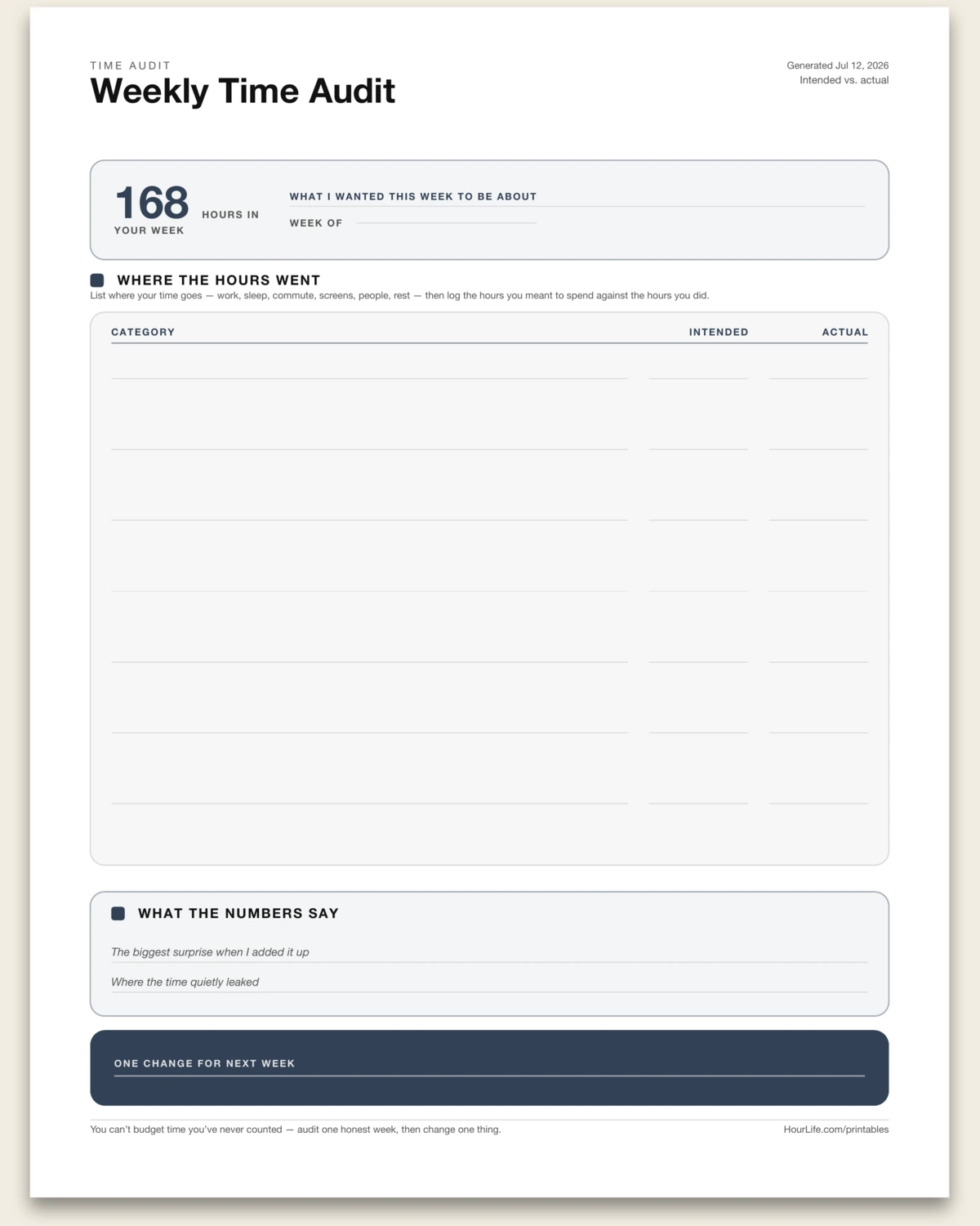 Weekly Time Audit blank layout preview
