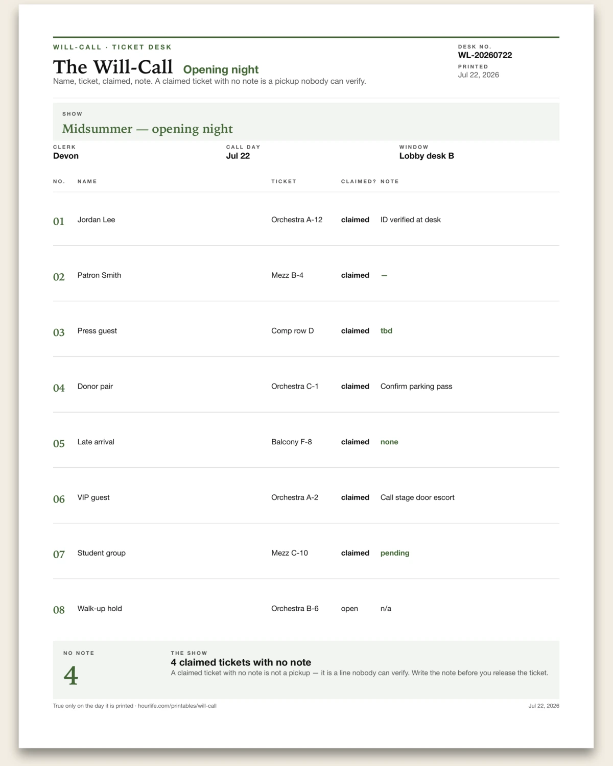 The Will-Call filled example preview