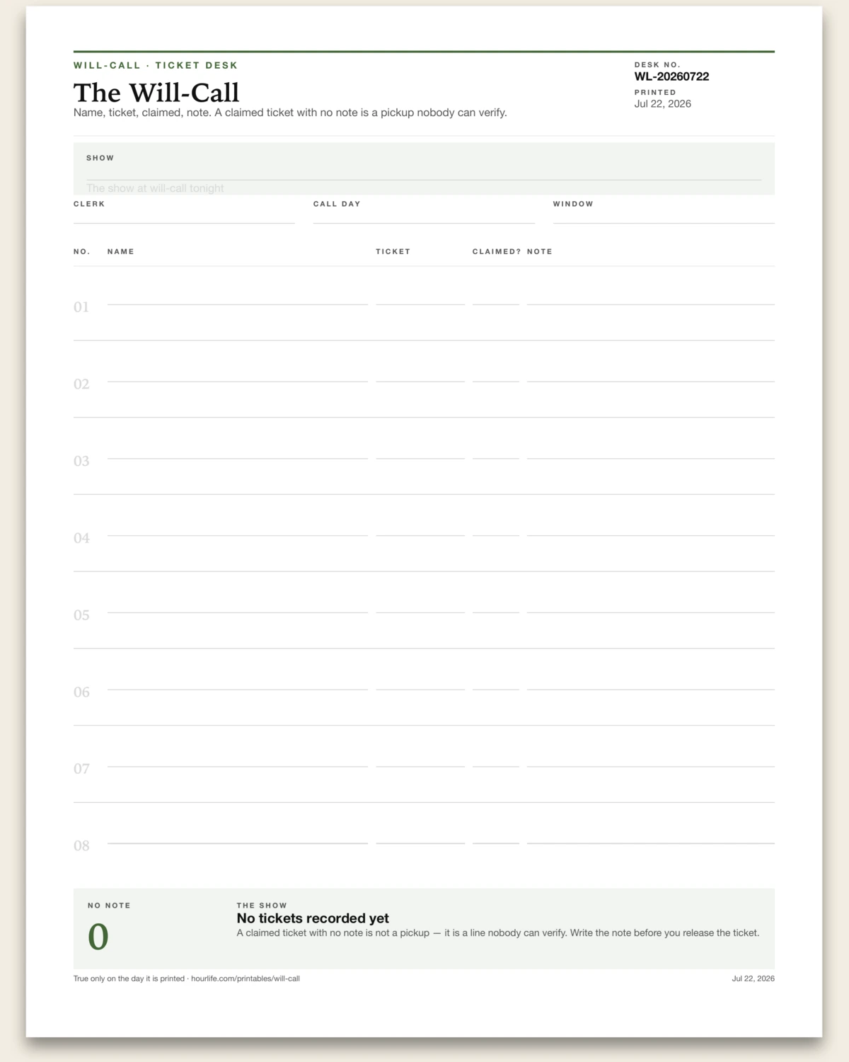 The Will-Call blank layout preview