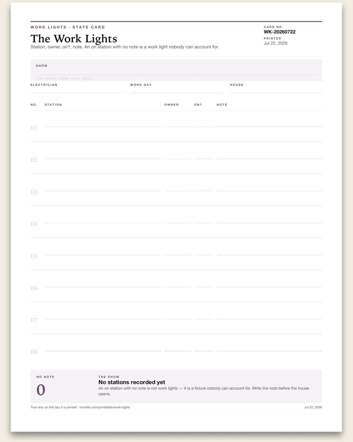The Work Lights blank layout preview