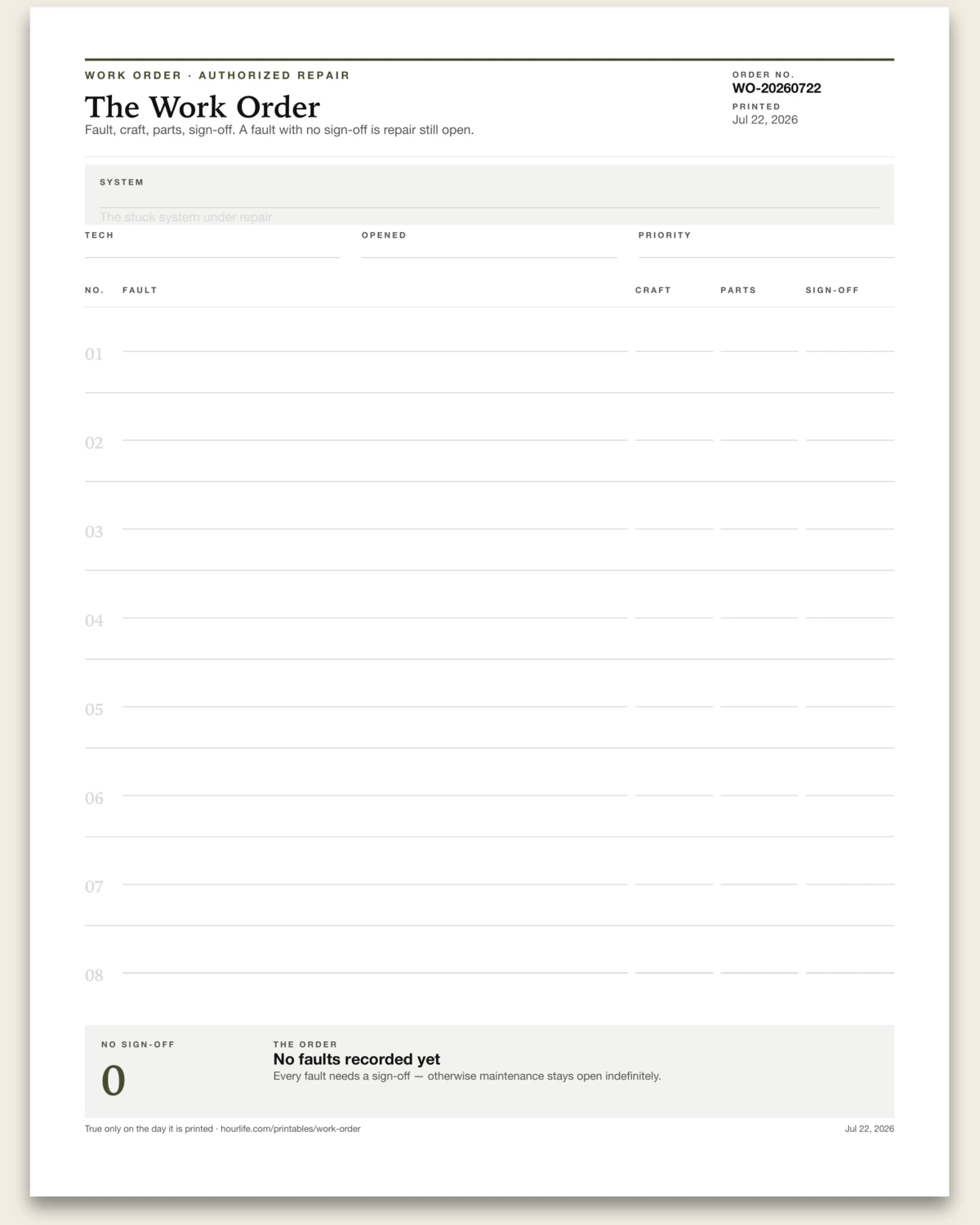 The Work Order blank layout preview