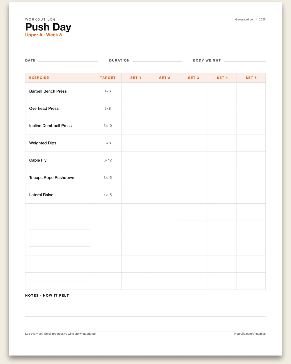 Workout Log filled example preview