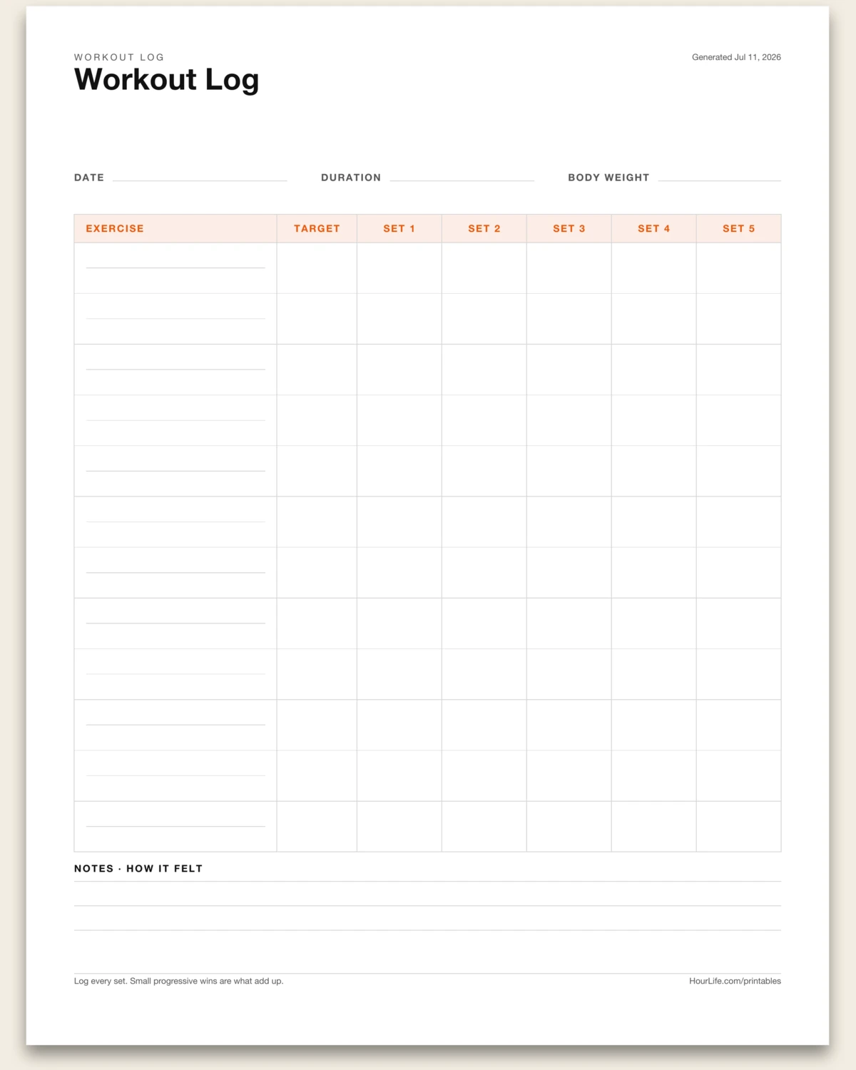 Workout Log blank layout preview