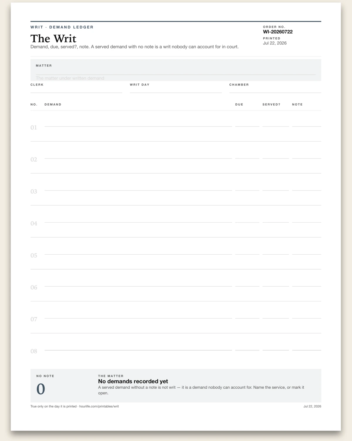 The Writ blank layout preview