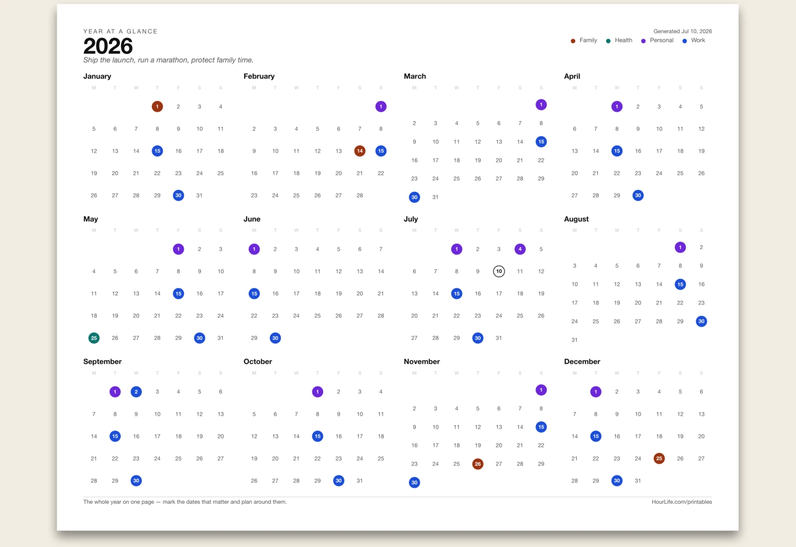 Yearly Calendar filled example preview