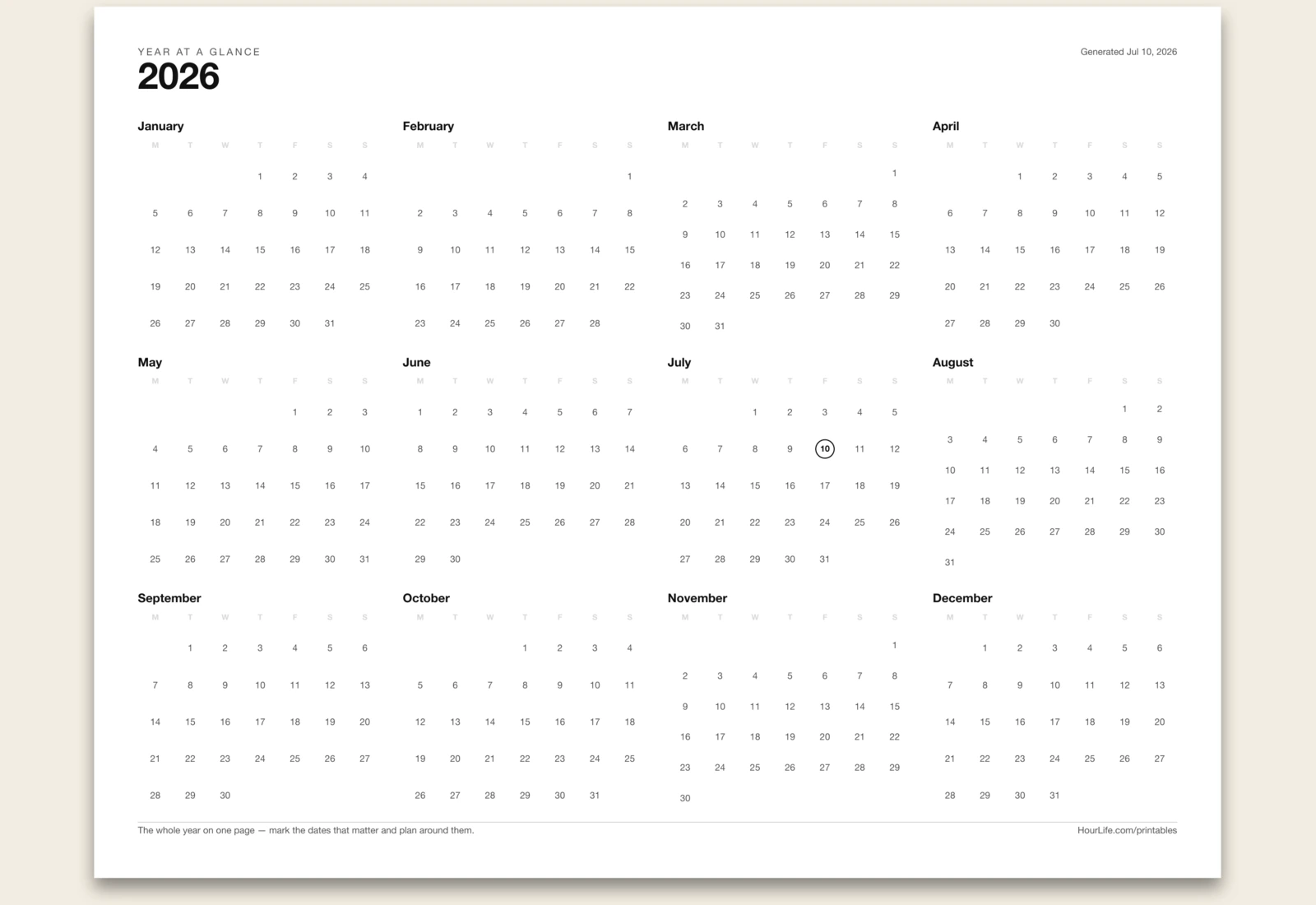 Yearly Calendar blank layout preview