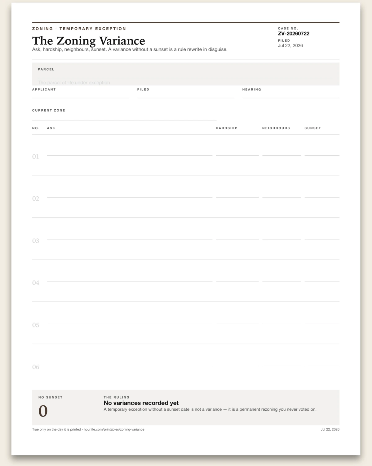 The Zoning Variance blank layout preview