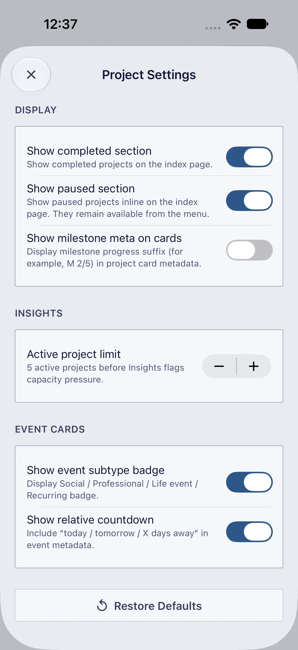 HourLife Projects: The active project limit, the relative countdown, and what a card shows.