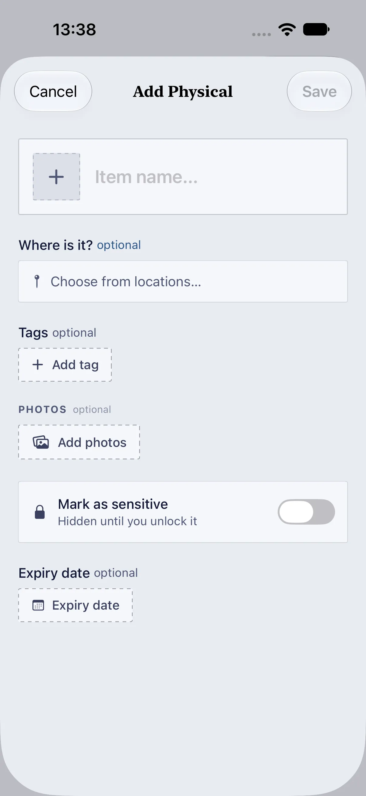 HourLife Vault: The “Add Physical” form, from the name down to “Where is it?”, tags, photos, “Mark as sensitive” and the expiry date.