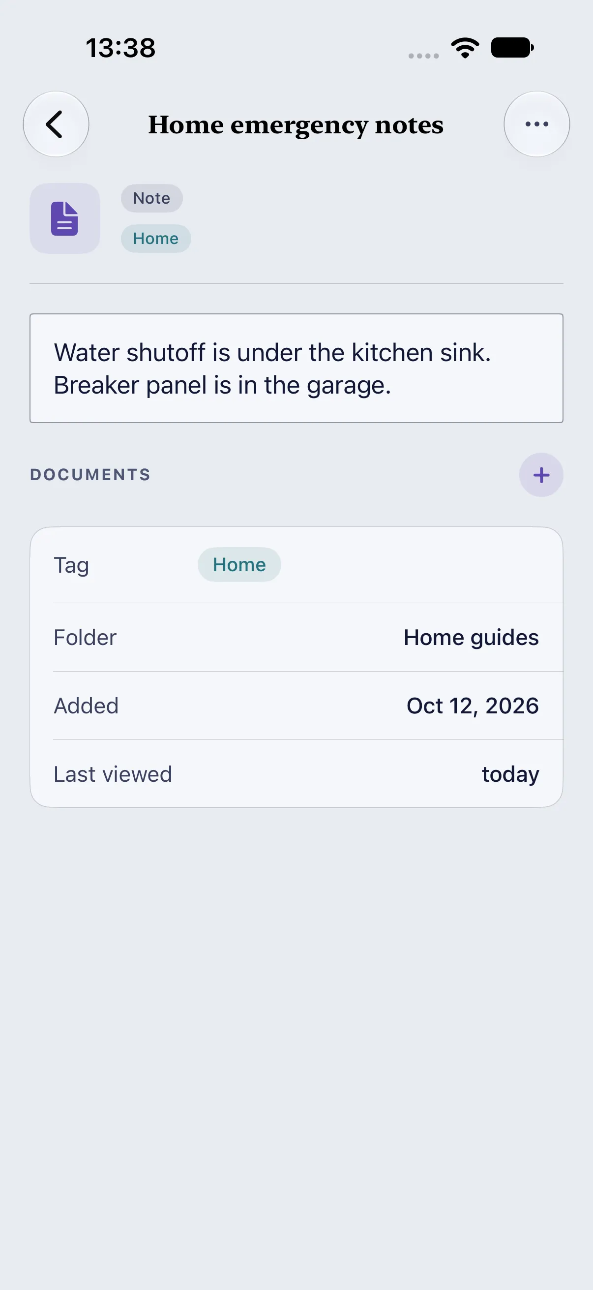 HourLife Vault: “Home emergency notes”, filed in Home guides from its “home” tag, with the date added and when it was last viewed.