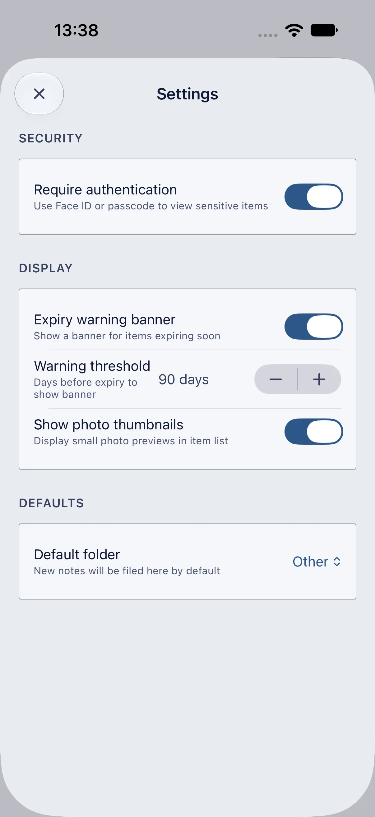 HourLife Vault: Require authentication, the expiry banner and its warning threshold, photo thumbnails, and the default folder.