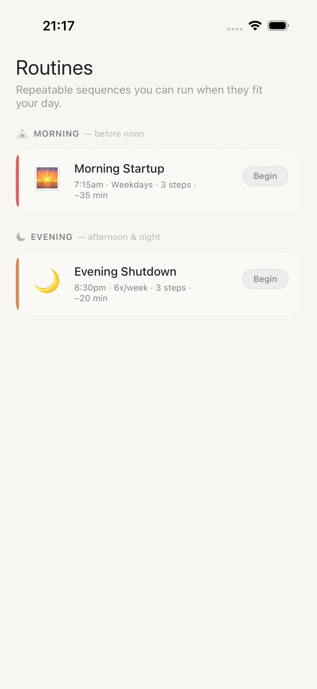 Routines screen in HourLife