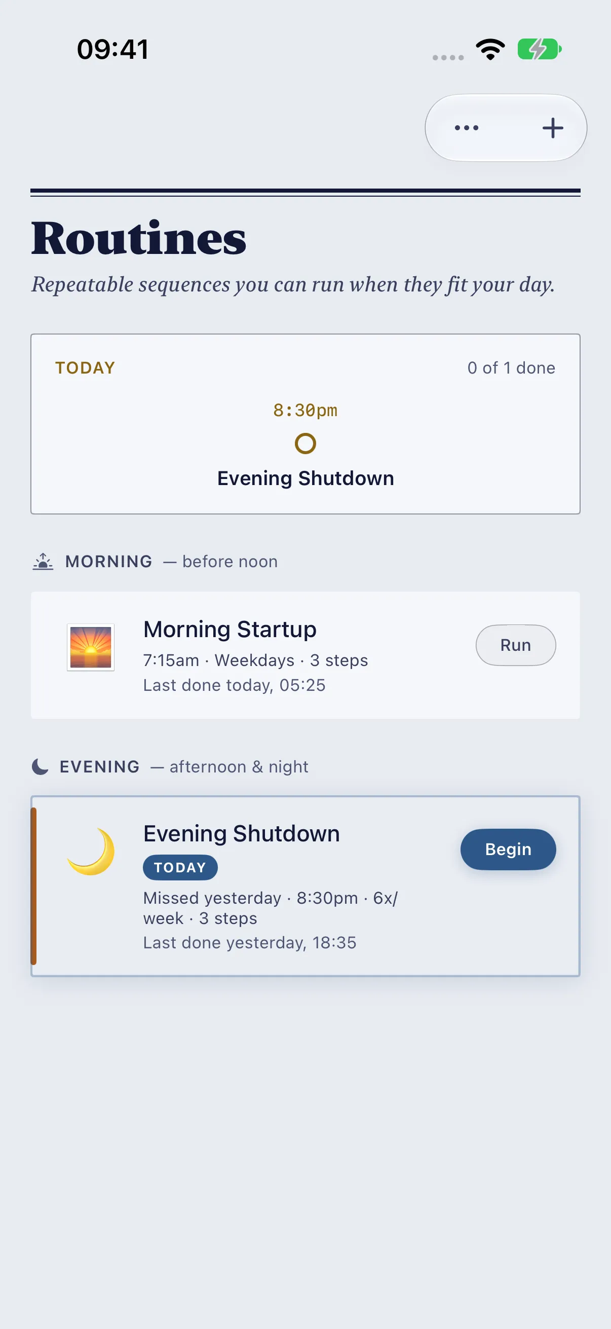 HourLife Routines: Evening Shutdown, missed on its last scheduled day, still due today and labelled “Missed yesterday”.