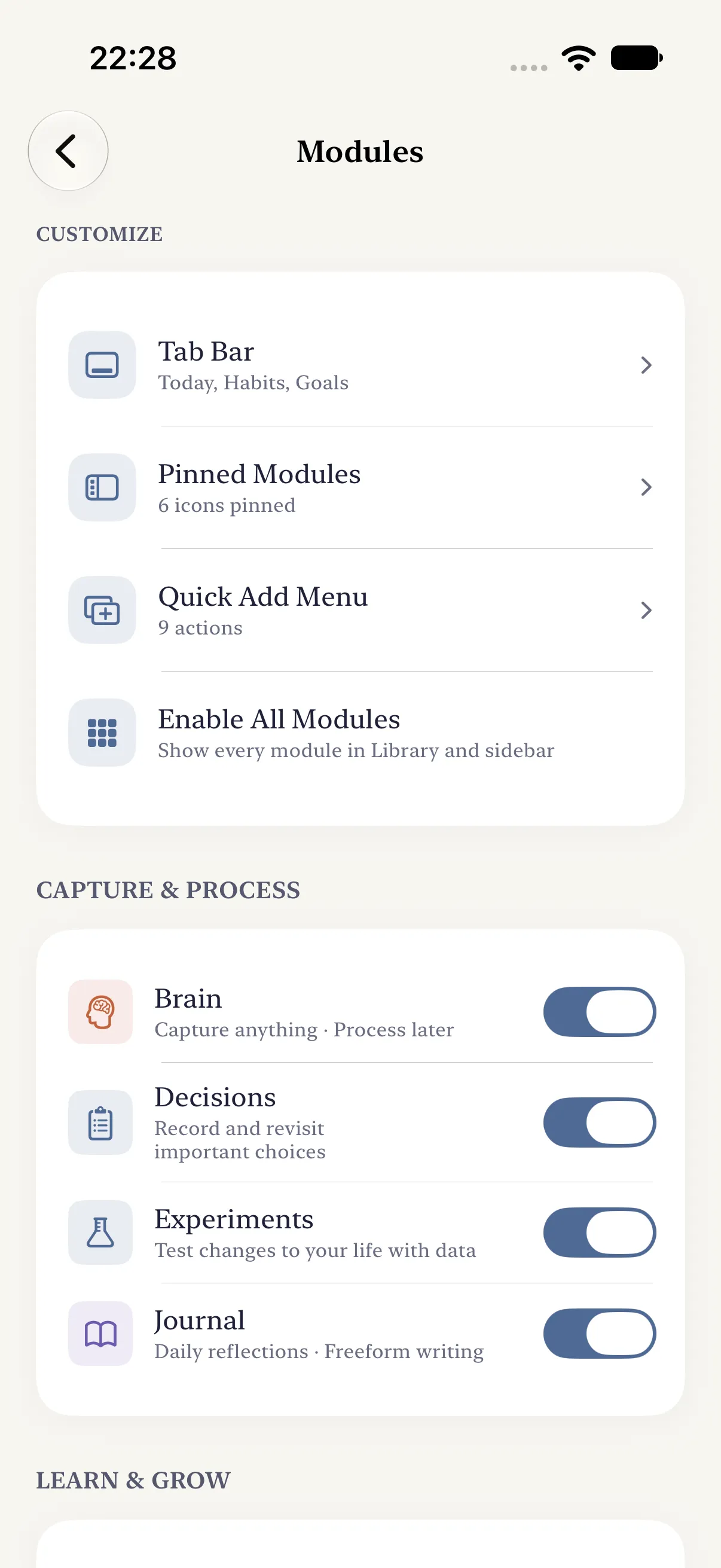 HourLife Settings: Modules, with Tab Bar, Pinned Modules, Quick Add Menu and a switch per module