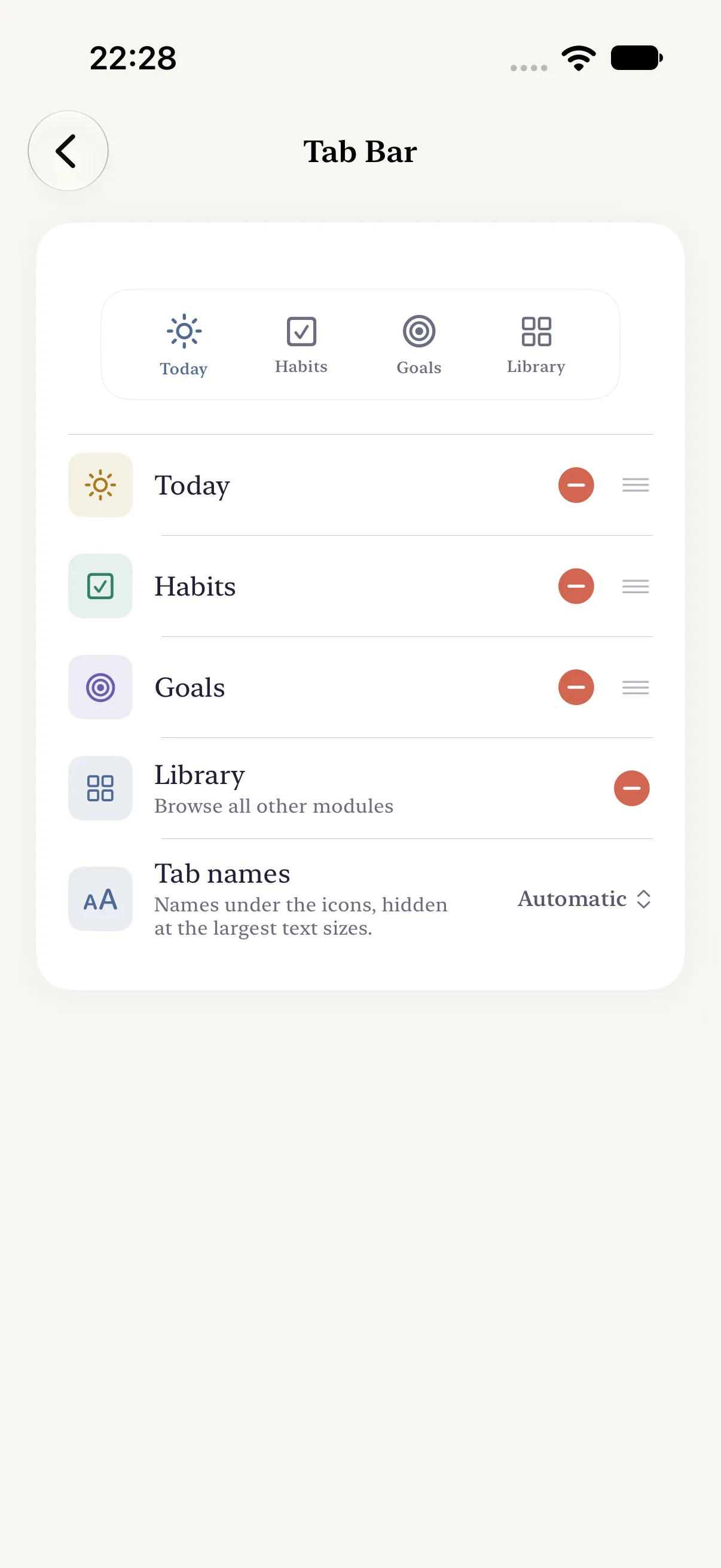 HourLife Settings: the tab bar with Today, Habits, Goals and Library, and Tab names set to Automatic