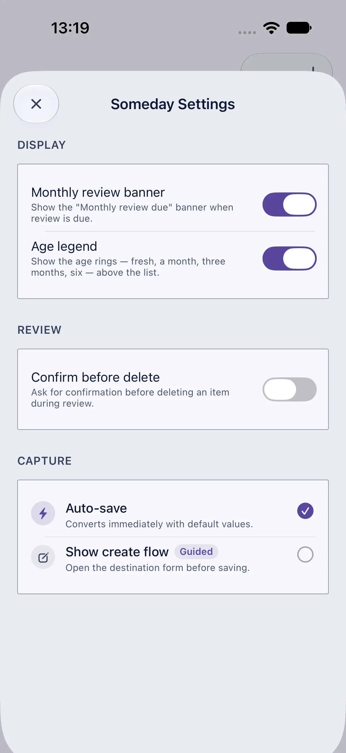 HourLife Someday: Someday Settings, with the review banner and age legend on, “Confirm before delete” off, and “Auto-save” chosen for converting.