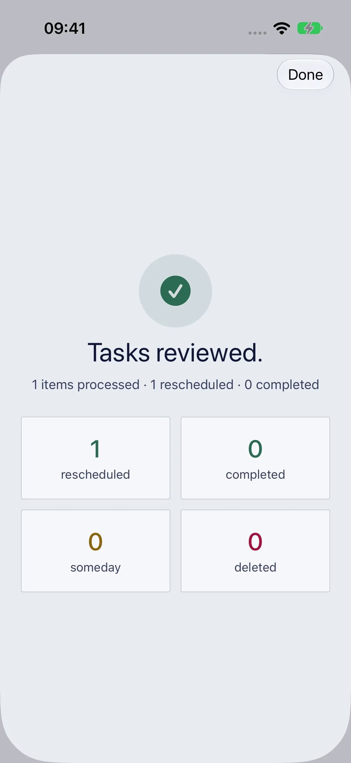 The end of a review: “Tasks reviewed.” with the tally of what was rescheduled, completed, moved to Someday and deleted.