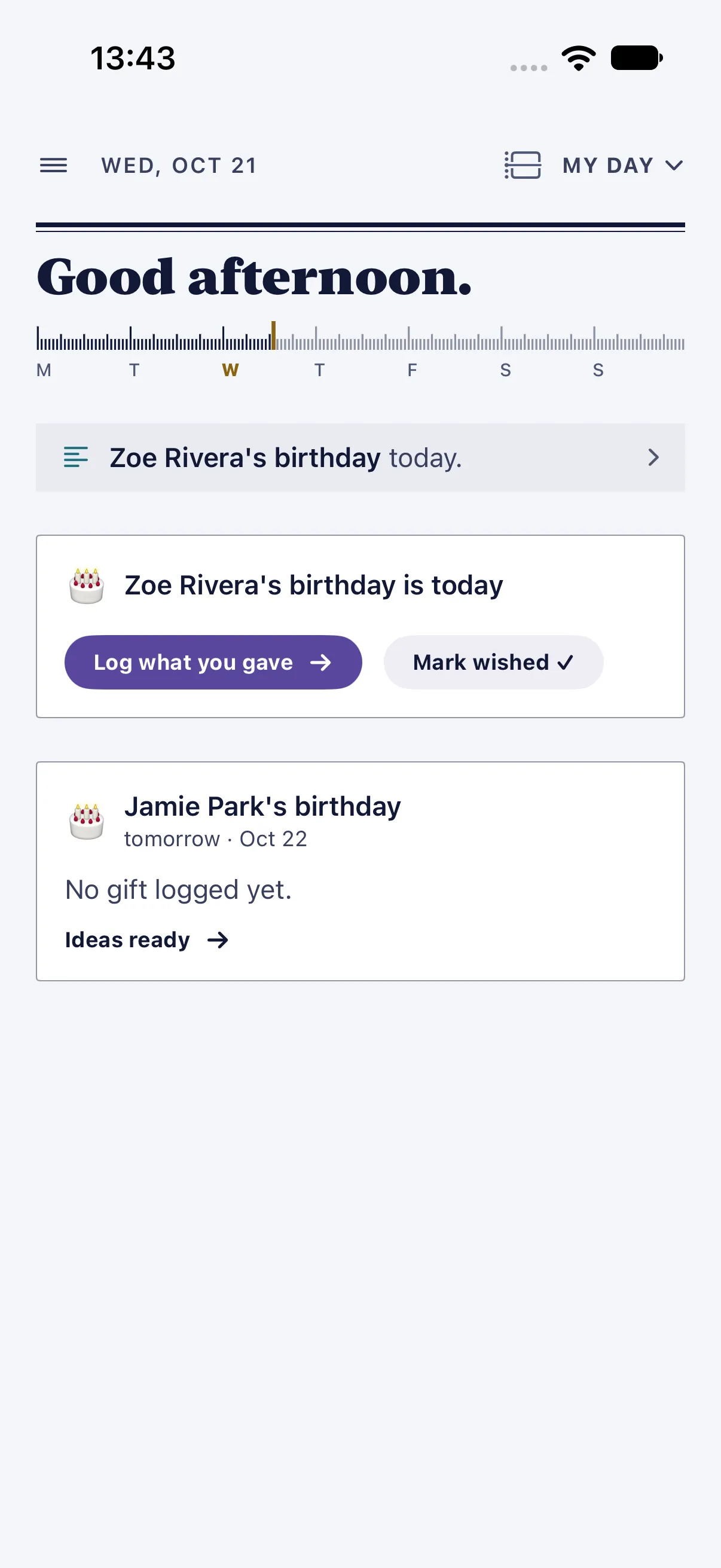 HourLife Today: Zoe Rivera’s birthday today, with “Log what you gave” and “Mark wished ✓”, and Jamie Park’s tomorrow, “No gift logged yet.”, with “Ideas ready”.