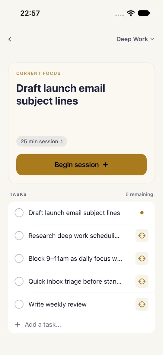 HourLife's Deep Work mode: the current focus, Draft launch email subject lines, a 25-minute session with a button to begin it, and the five tasks that remain.