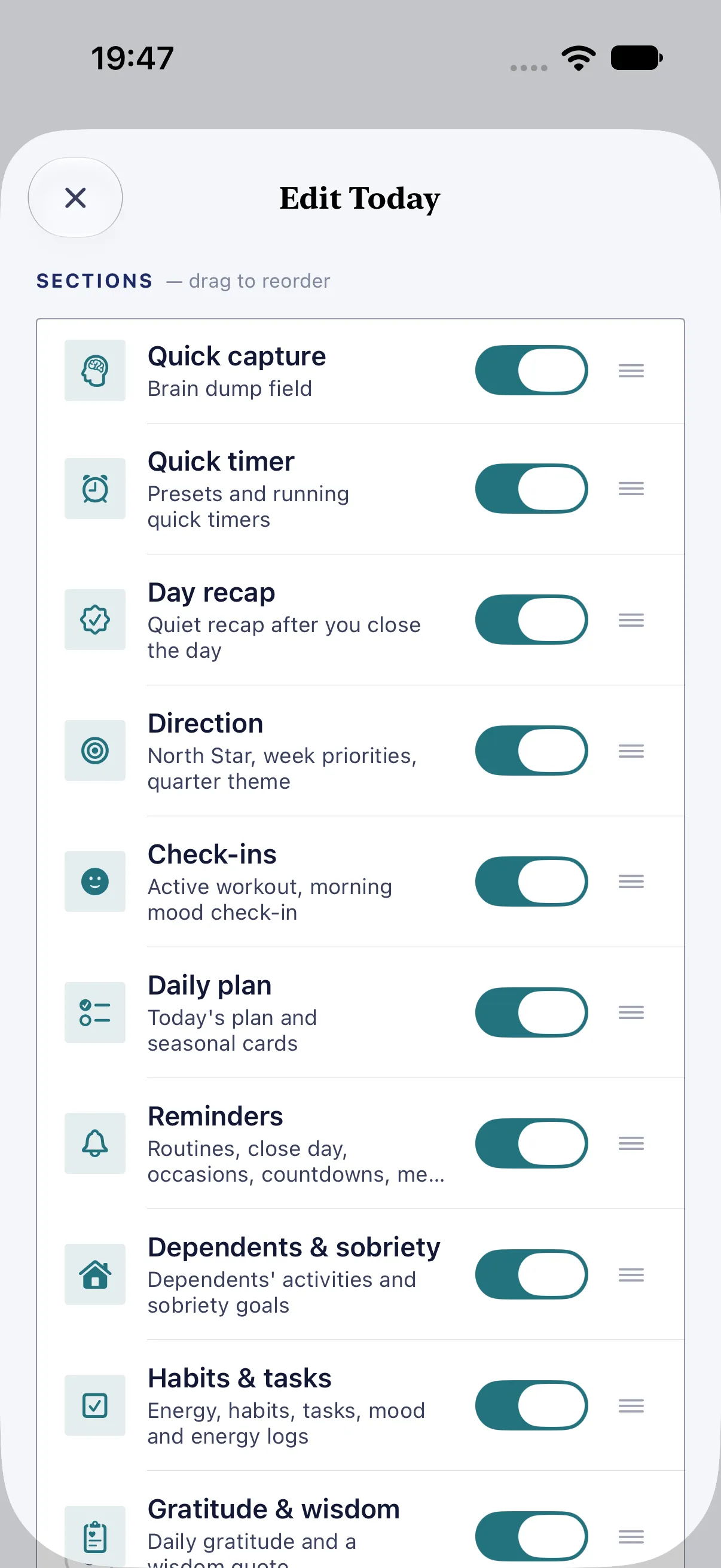 HourLife Today: “Edit Today”: each section with its switch, and a handle to drag it into place.
