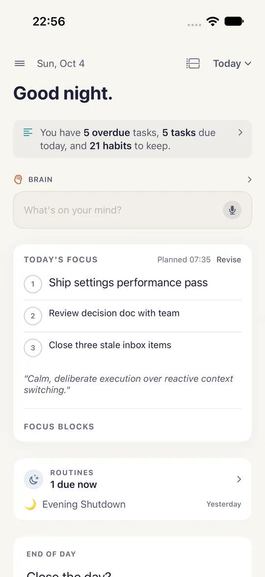 HourLife's Today screen: a line counting what is overdue and due, a place to capture what's on your mind, and today's three priorities.
