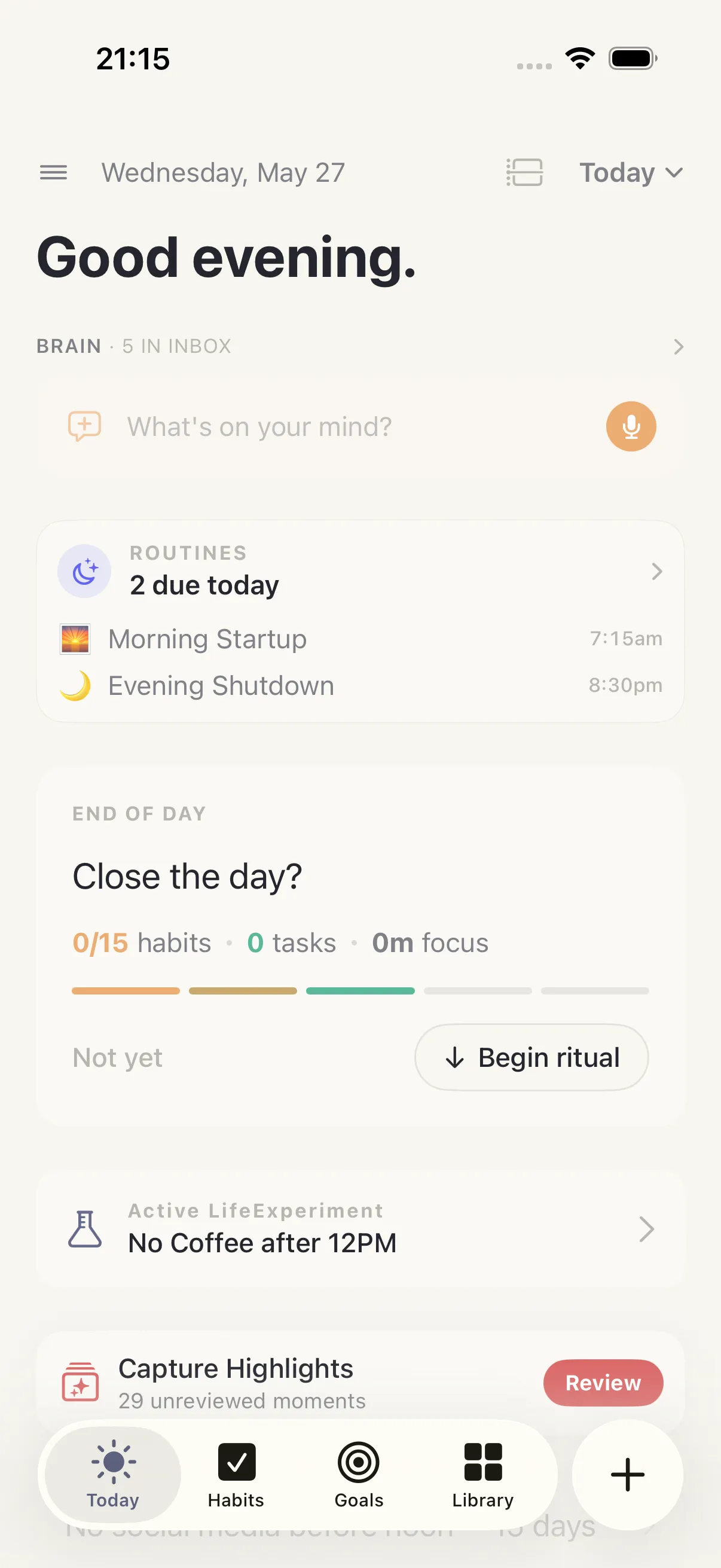 Today screen in HourLife
