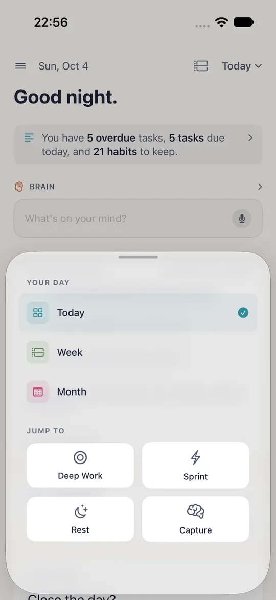 HourLife's mode switcher over Today: Your Day lists Today, Week and Month, and Jump to offers Deep Work, Sprint, Rest and Capture.