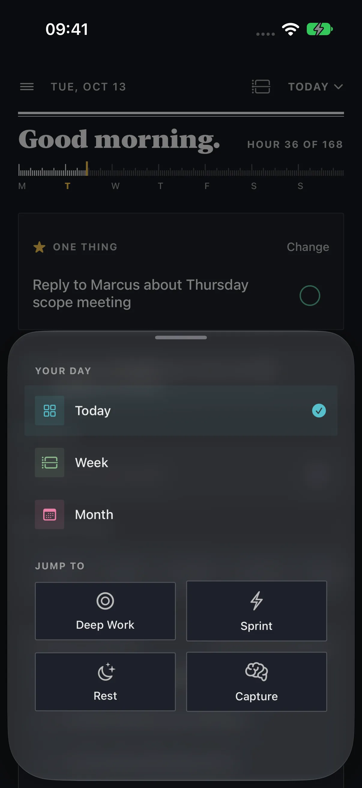 The switcher, with Today, Week and Month under “Your day” and Deep Work, Sprint, Rest and Capture under “Jump to”.