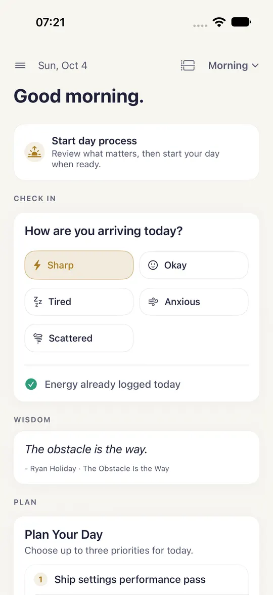 HourLife's Morning screen: a check-in asking how you are arriving today.
