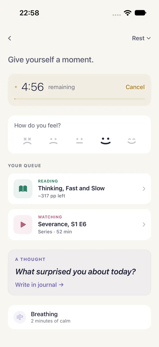 HourLife's Rest mode: Give yourself a moment, 4:56 remaining, how do you feel, and a queue with a book in progress and a series to watch.