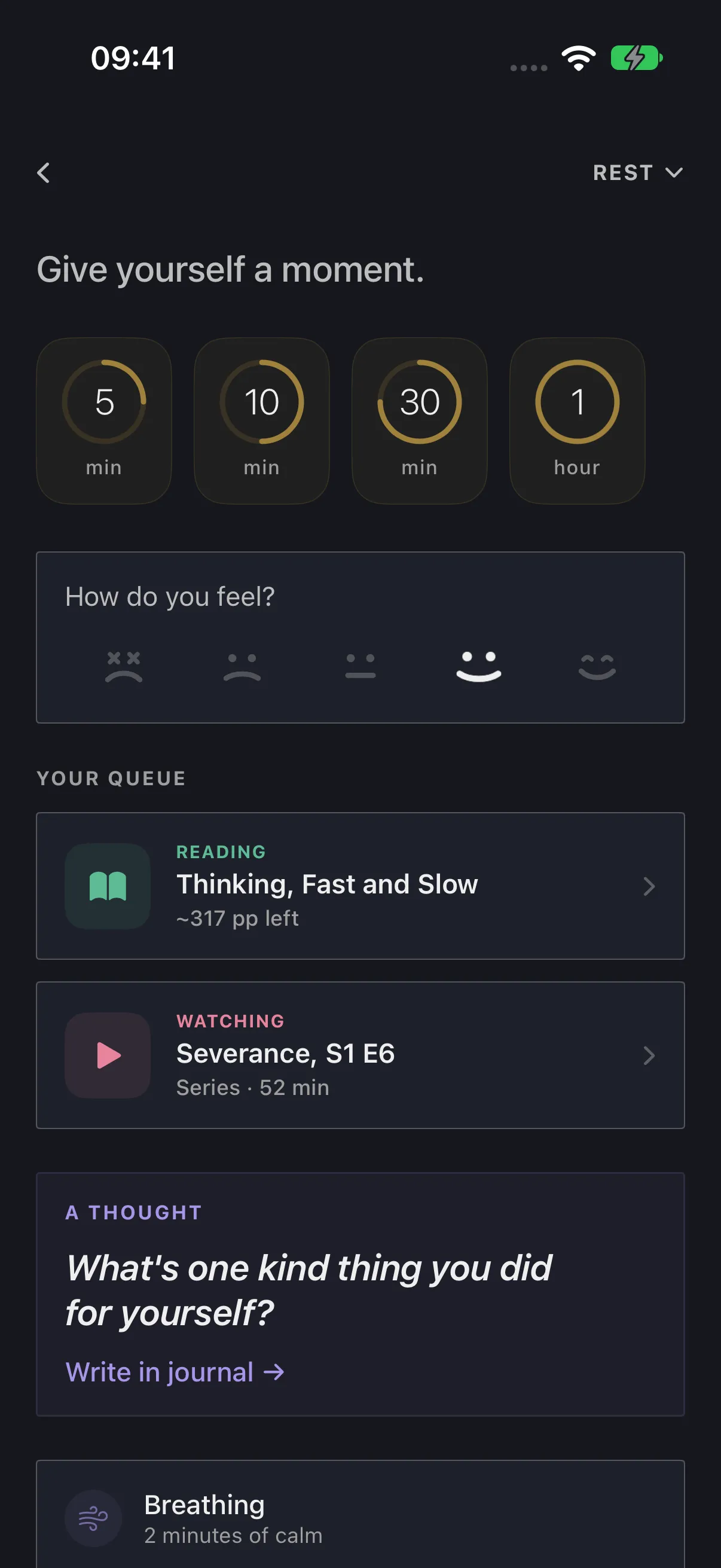 HourLife Today: Rest, with timers from five minutes to an hour, “How do you feel?”, your reading and watching queue, and a thought to write about.