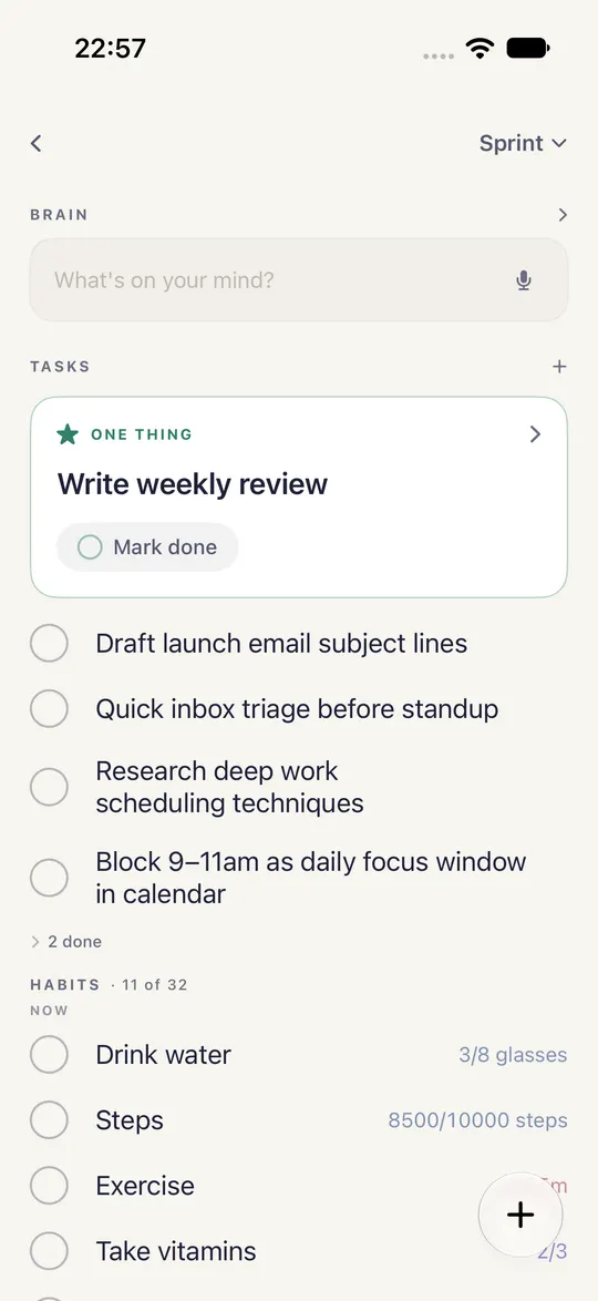 HourLife's Sprint mode: a box for what's on your mind, the one thing for today, Write weekly review, the day's open tasks, and the habits due now.