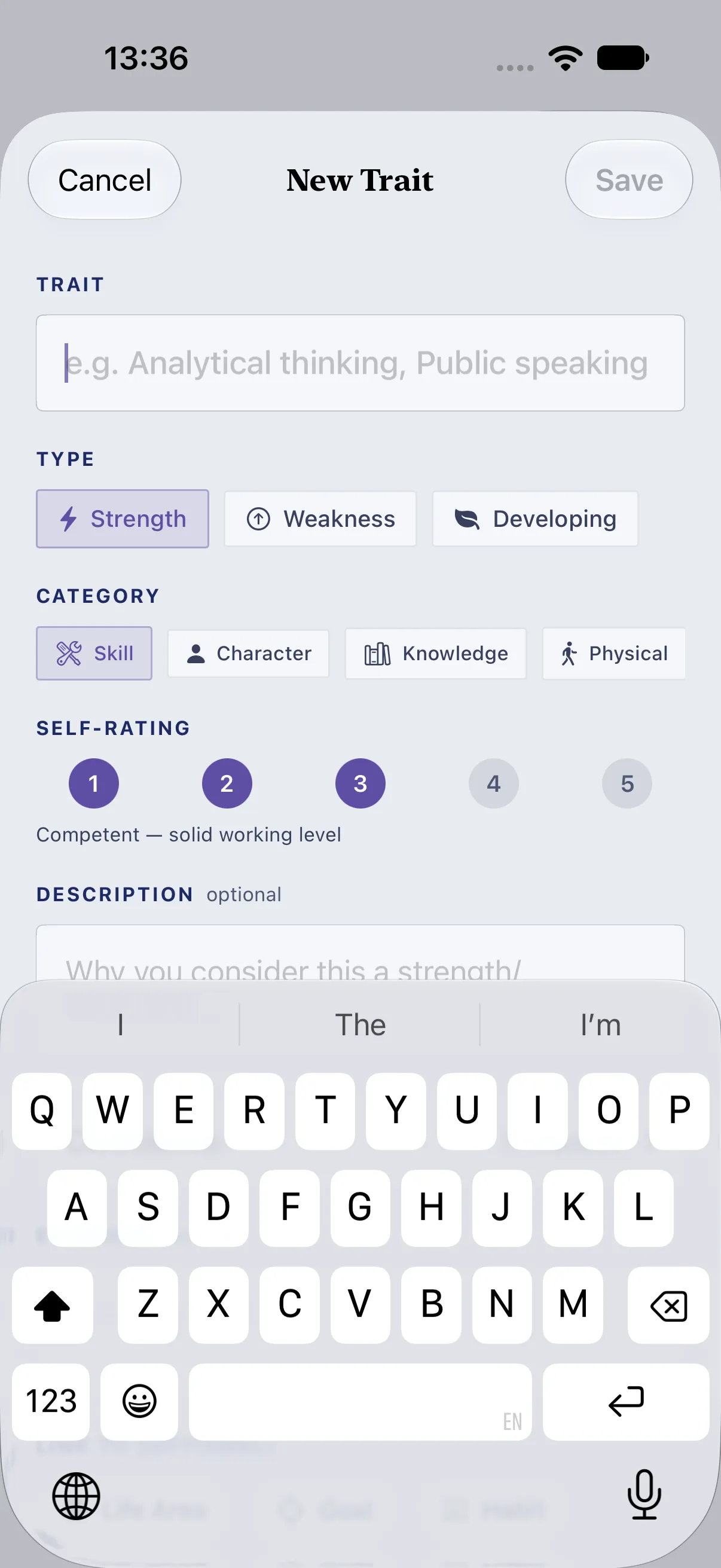 HourLife Traits: “New Trait” with its type, category, and the 1 to 5 self-rating, with “Competent — solid working level” under the circles.