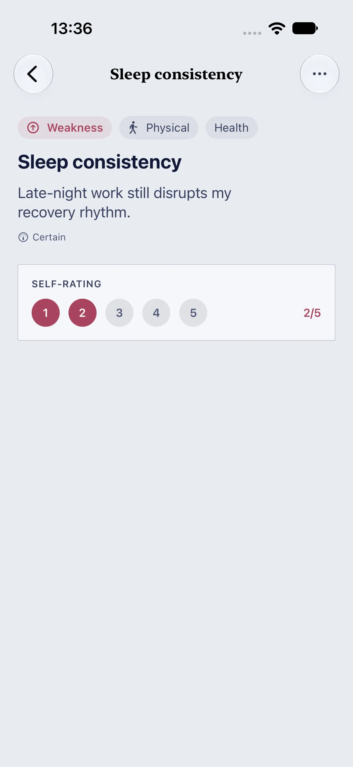 HourLife Traits: “Sleep consistency”, a Physical weakness in Health marked “Certain”, at 2 out of 5.