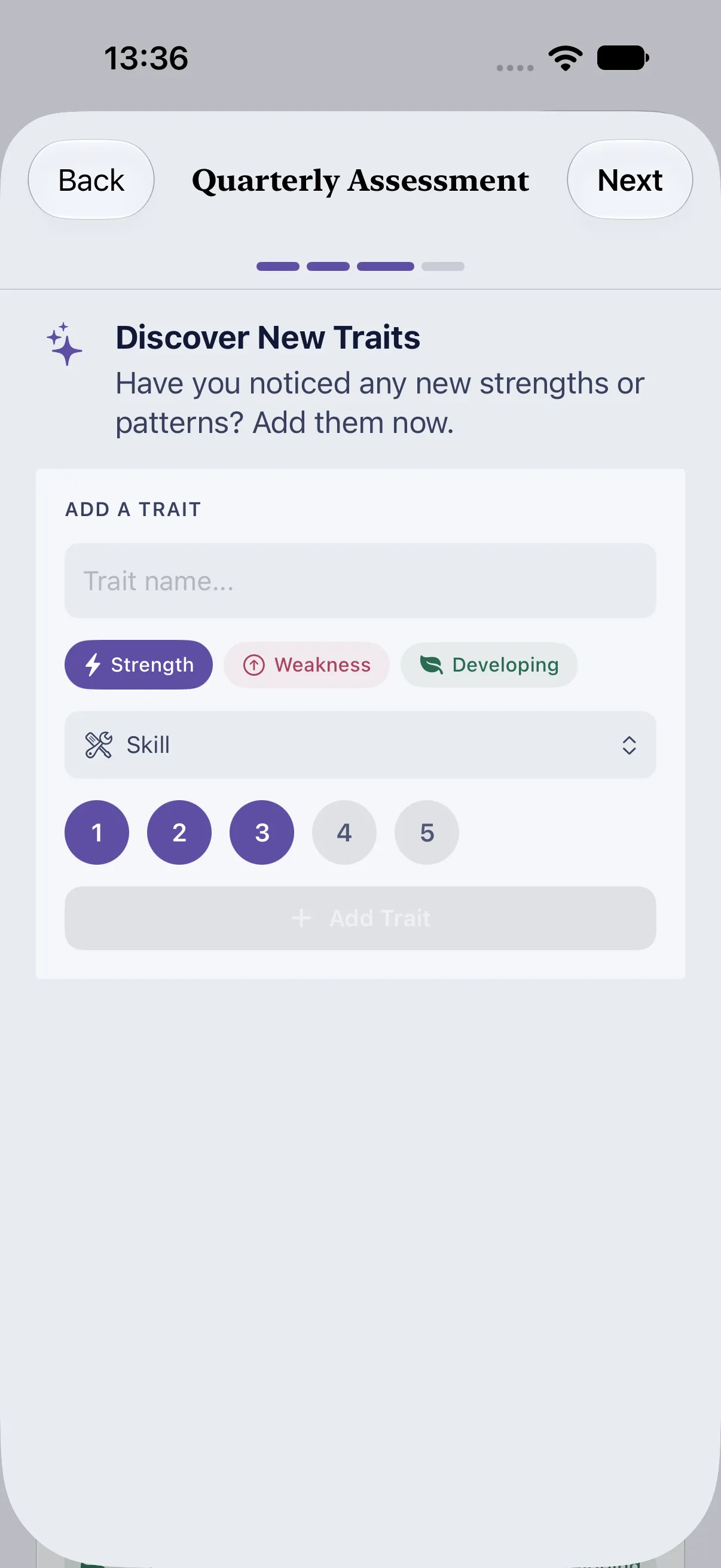 HourLife Traits: The third step, “Discover New Traits”, with the name, type, category, and rating of a trait to add.