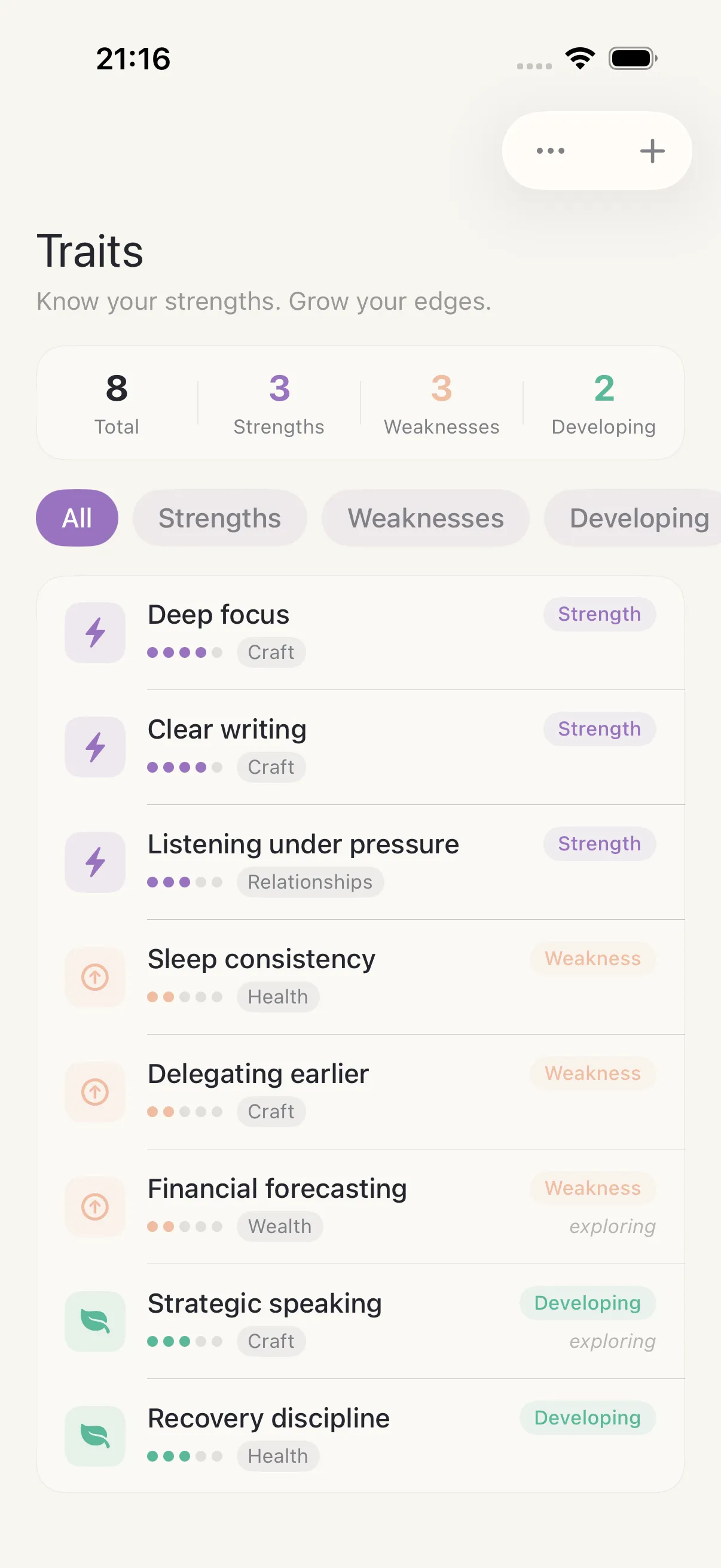 Traits screen in HourLife