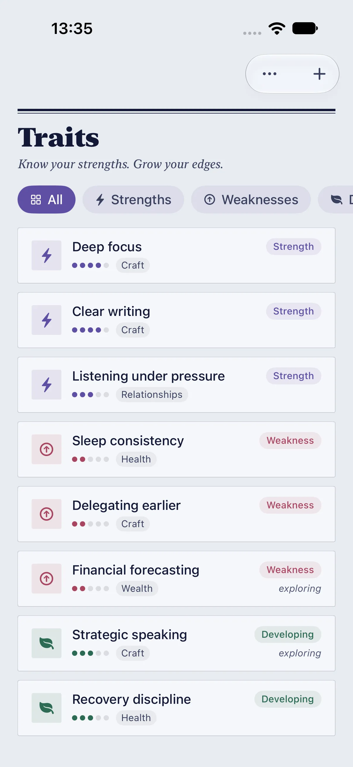 HourLife Traits: Strengths, weaknesses, and developing traits such as “Deep focus” and “Sleep consistency”, each with rating dots and a life area.
