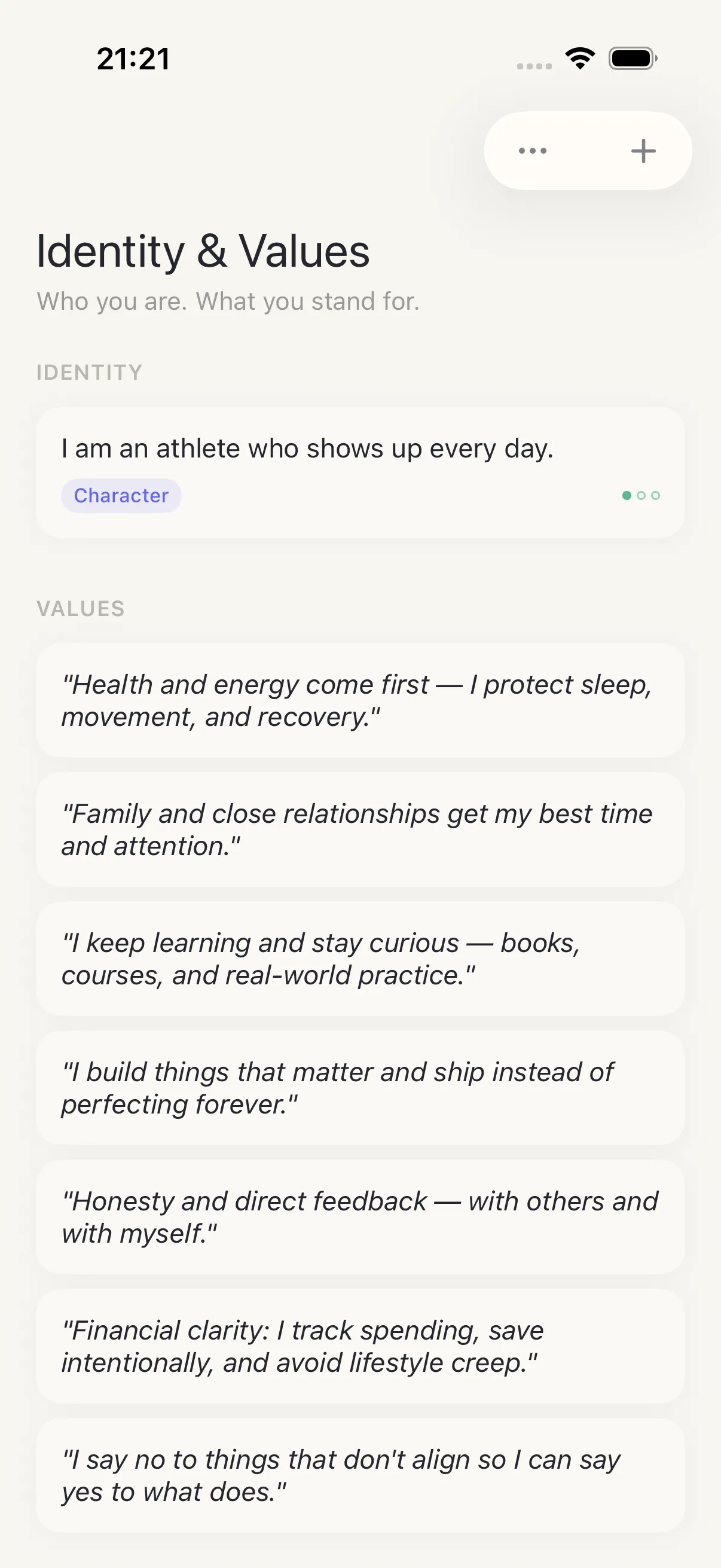 Values screen in HourLife