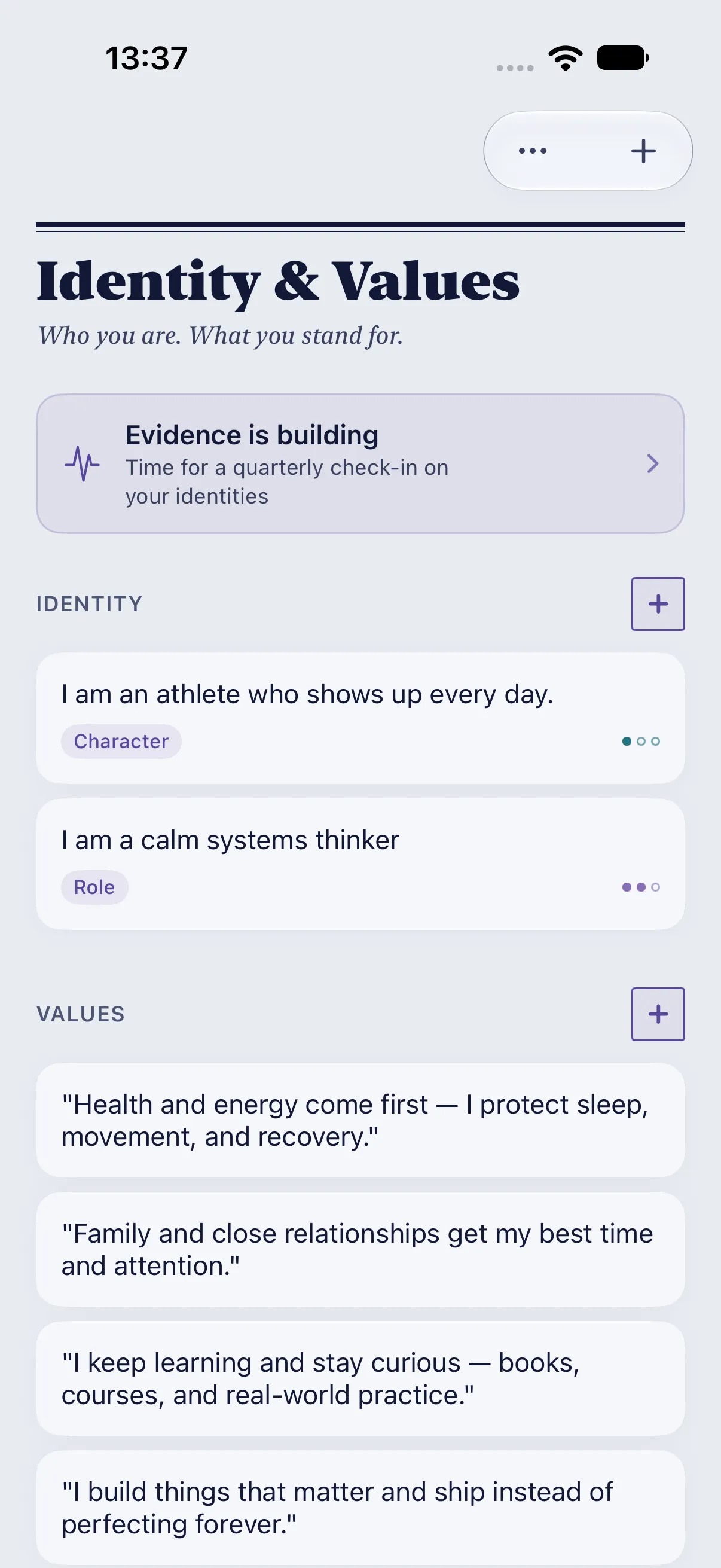 HourLife Values: An “Evidence is building” card suggests a quarterly check-in, above a Character and a Role identity, each with its stage dots.