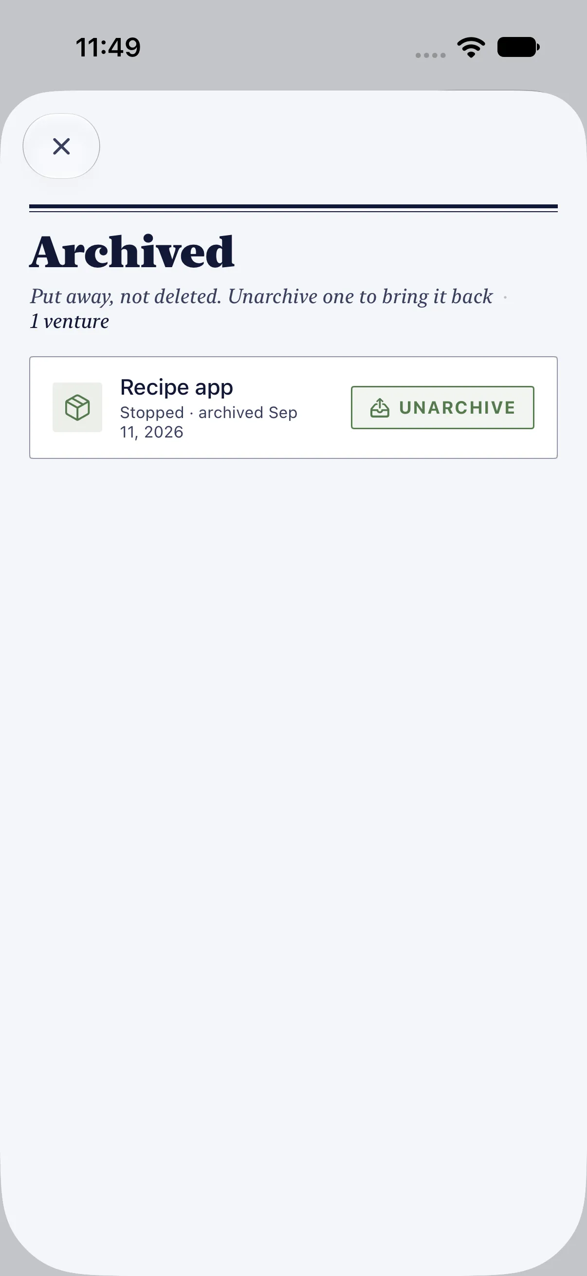 HourLife Ventures: The Recipe app, stopped and archived on Sep 11, 2026, with “Unarchive” to bring it back.