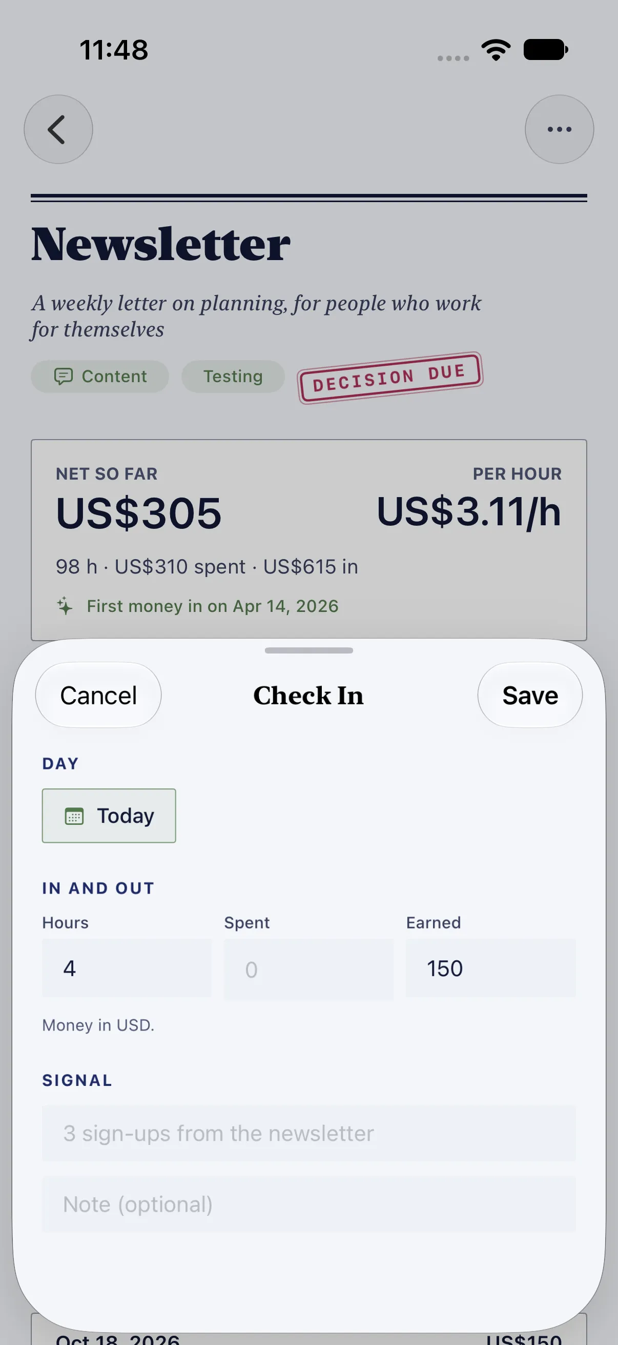 HourLife Ventures: A check-in for today, 4 hours, nothing spent and $150 earned, with room for a signal and a note.