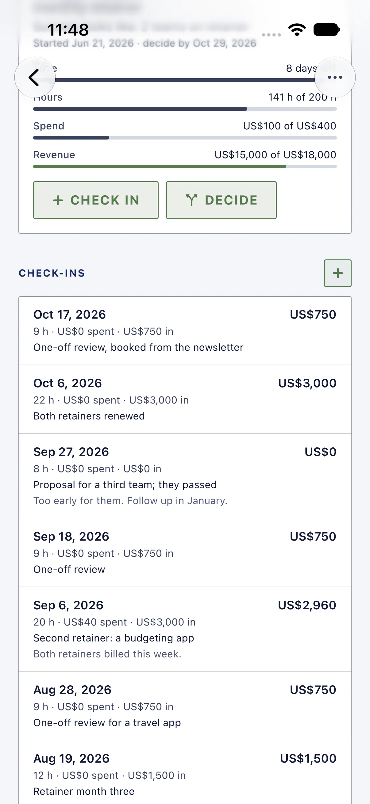 HourLife Ventures: Its check-ins, latest first, from a one-off review booked from the newsletter to both retainers renewed and a proposal that came to nothing.