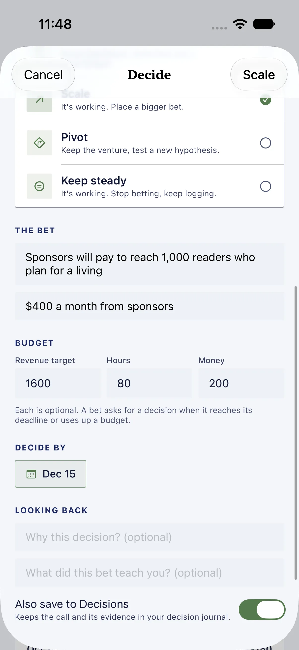 HourLife Ventures: Scaling the Newsletter, with the next bet prefilled at double the target and budgets, $1,600, 80 hours and $200, to decide by Dec 15, and “Also save to Decisions” on.