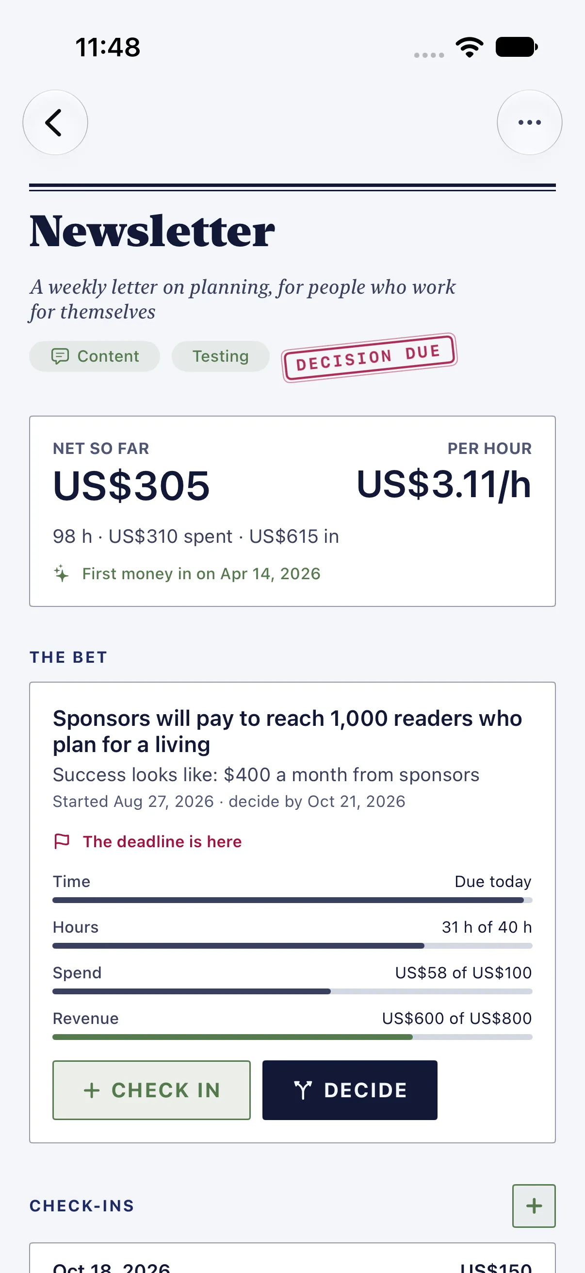 HourLife Ventures: The Newsletter, $305 netted over 98 hours, or $3.11 an hour, and its bet on sponsors with “The deadline is here” above Check In and Decide.