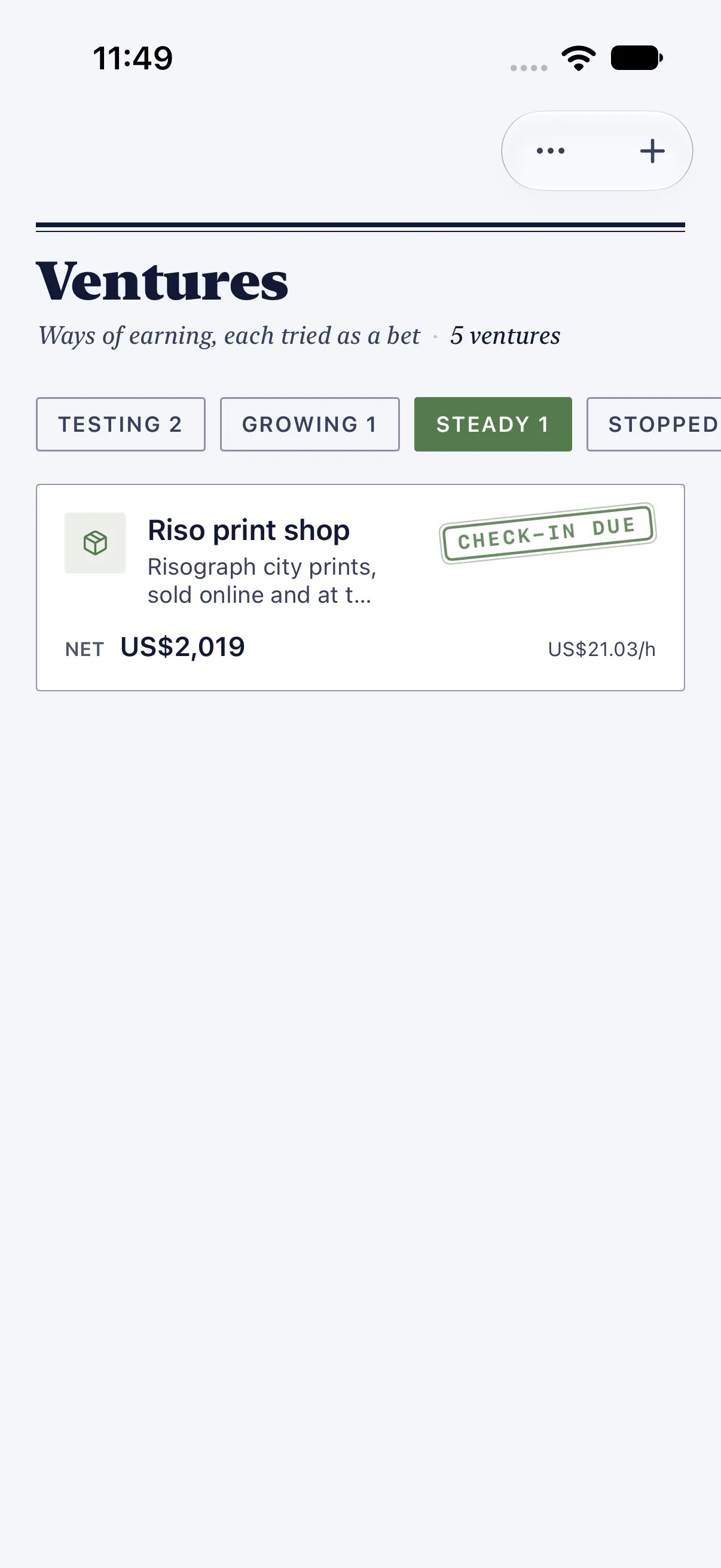 HourLife Ventures: The Riso print shop under Steady, $2,019 netted at $21.03 an hour, stamped “Check-in due”.