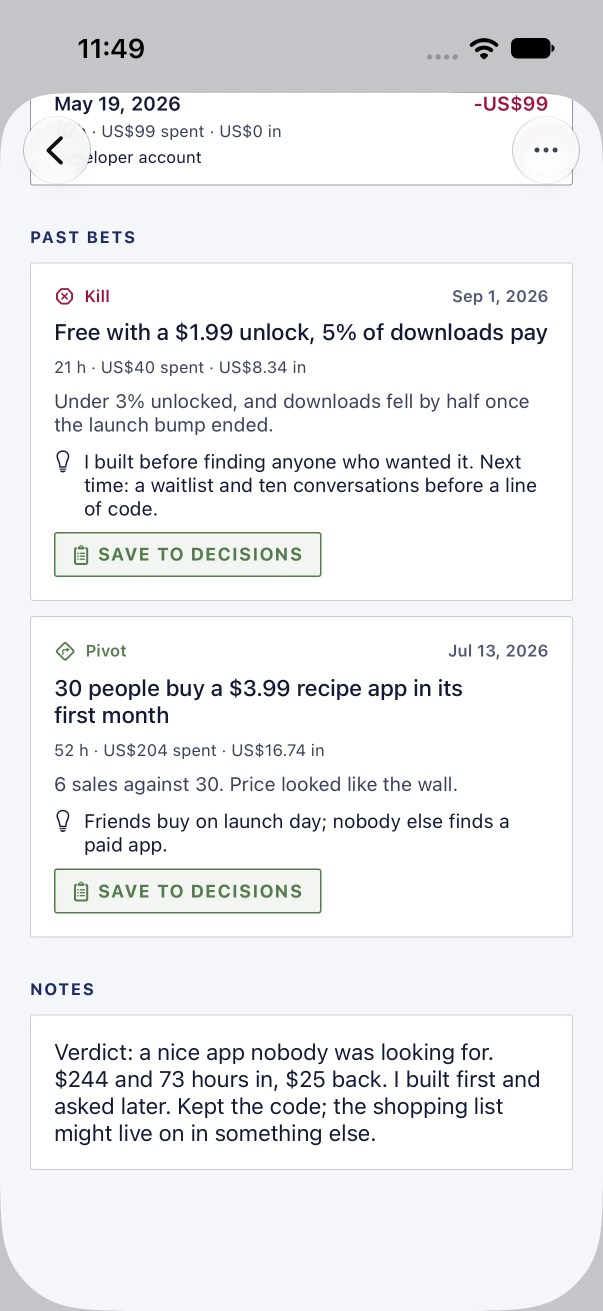 HourLife Ventures: The Recipe app’s past bets, a pivot on Jul 13 and the kill on Sep 1, each with what it taught, and its verdict under “NOTES”.